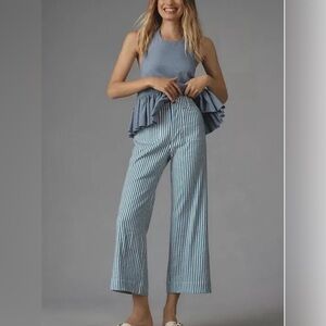 Anthropologie Maeve The Colette Navy and White cropped linen blend Pants NWT